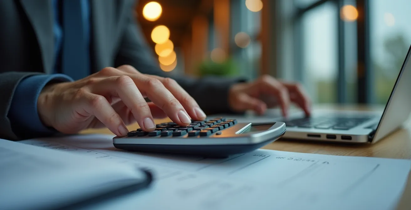Mains professionnelles travaillant sur des calculs financiers pour équipement audiovisuel