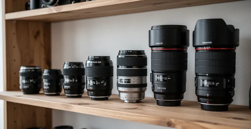 Collection d'objectifs photo de différentes tailles alignés sur une étagère en bois