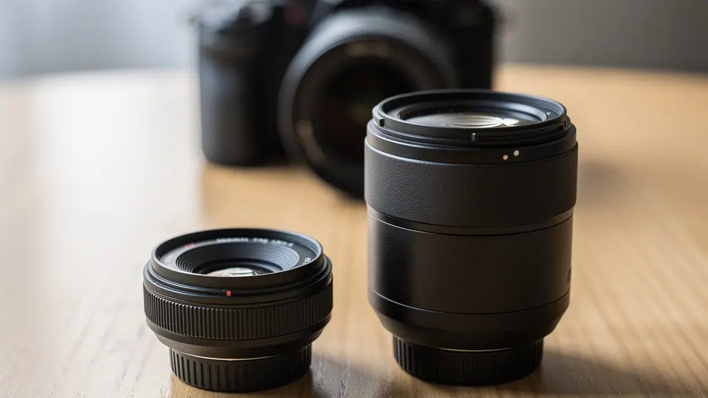 Objectif focale fixe 50mm et zoom posés côte à côte sur table bois