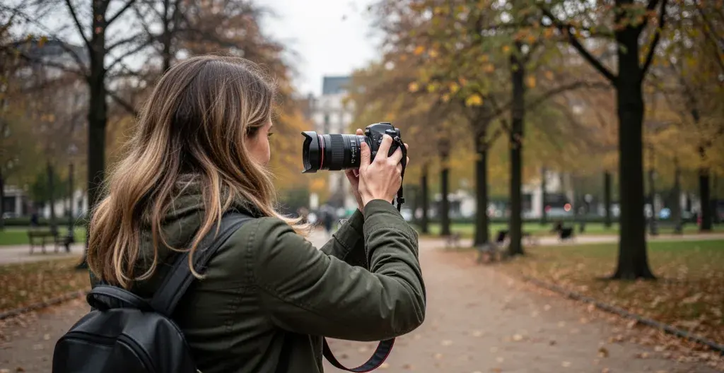 Photographe en extérieur utilisant un appareil avec zoom dans un parc urbain