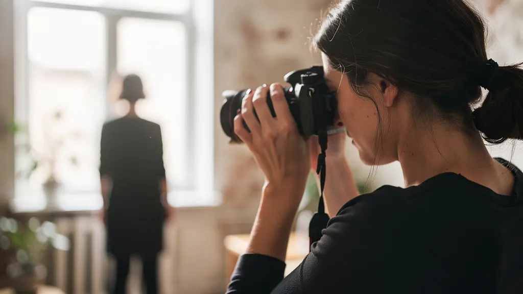 Photographe capturant un portrait en lumière naturelle avec objectif adapté
