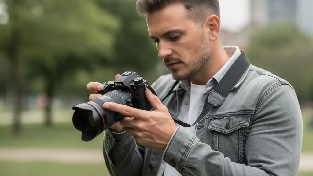 Photographe ajustant son objectif photo avant une prise de vue en extérieur