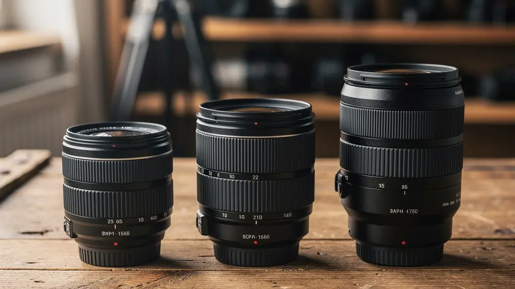 Trois objectifs photo de tailles différentes posés sur une table en bois d'atelier