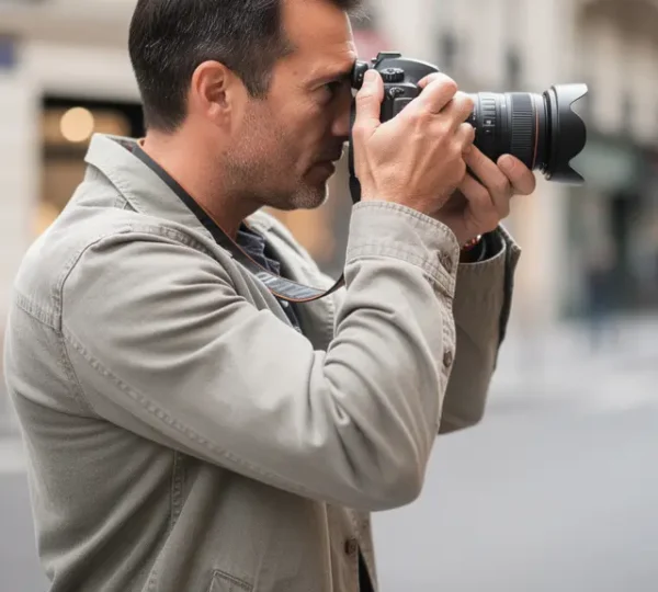 Photographe ajustant son objectif photo pour cadrer une scène de rue