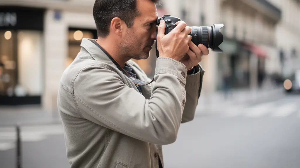 Photographe ajustant son objectif photo pour cadrer une scène de rue