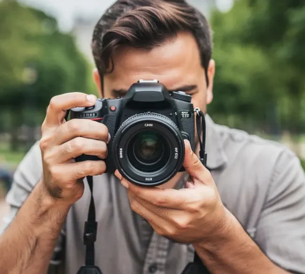 Photographe ajustant un objectif photo sur son appareil reflex en extérieur urbain