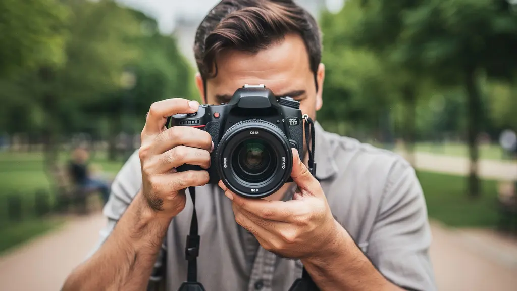 Photographe ajustant un objectif photo sur son appareil reflex en extérieur urbain