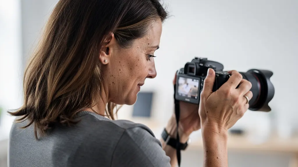 Photographe vérifiant une photo sur l'écran LCD de son appareil avec expression pensive