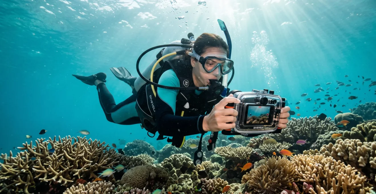 Un plongeur filme un récif corallien avec un smartphone dans un caisson étanche.