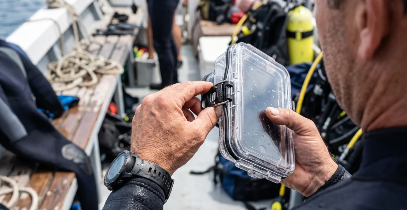 Des mains vérifient le joint et le fermoir d'un caisson étanche sur un bateau.